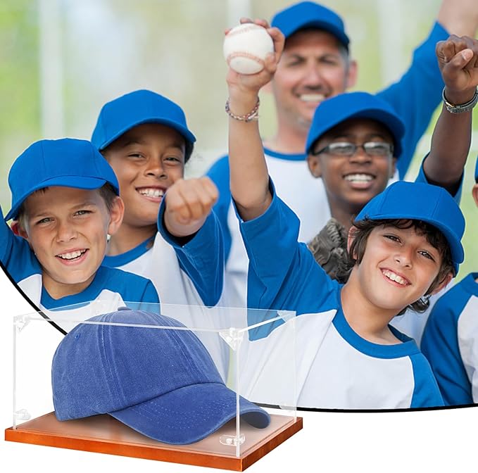 Clear Acrylic Hat Display Case with Wood Base & Tee, Memorabilia Stand Cube Holder, Dust Protection Transparent Storage Box for Single Hat Souvenir Hats Collections