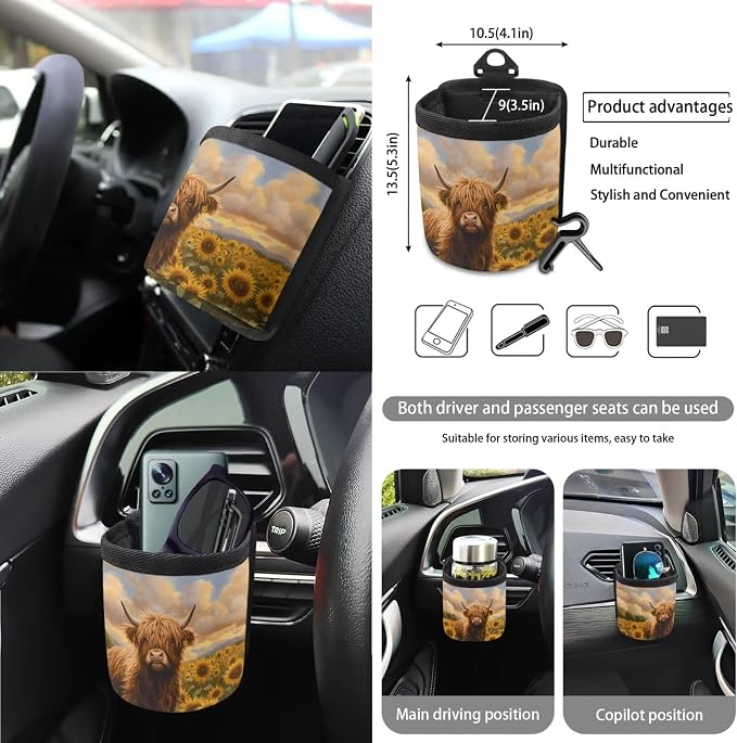 Sunflower Highland Cattle 15 PCS Car Seat Cover Full Set, with Steering Wheel Cover Seat Belt Strap Trash Cans Rear View Mirror Cover Coaster Air Vent Storage Bag Universal Fit