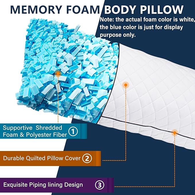 1 MIDDLE ONE Body Pillow, Memory Foam Body Pillows for Adults Sleeping, Long Pillow for Bed, Big Large Firm Full Body Pillow for Side Sleeper, 20x60 Inch (White)