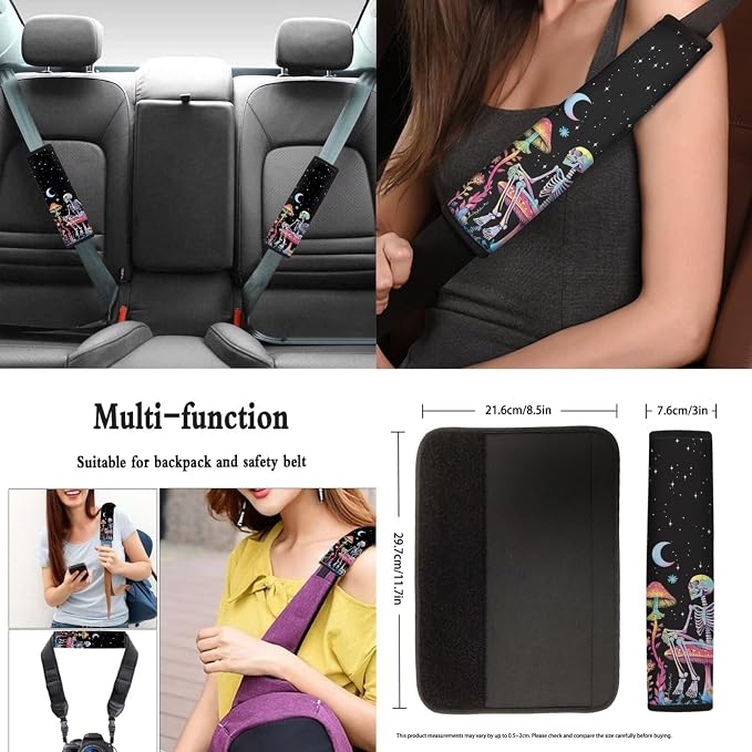 Halloween Car Accessories Car Seat Covers Full Set with Steering Wheel Covers+Seat Belt Pads+Coasters+Keychain+Lipstick Holder Universal Fit(13 Pack), Skull Mushroom Starry Night