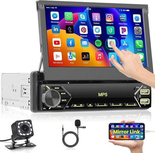 Inefala Single Din Touchscreen Radio 7'' Flip Out Screen Car Stereo with Bluetooth USB Type C Fast Charge Car Audio Receiver Backup Camera SWC FM MIC TF AUX in EQ