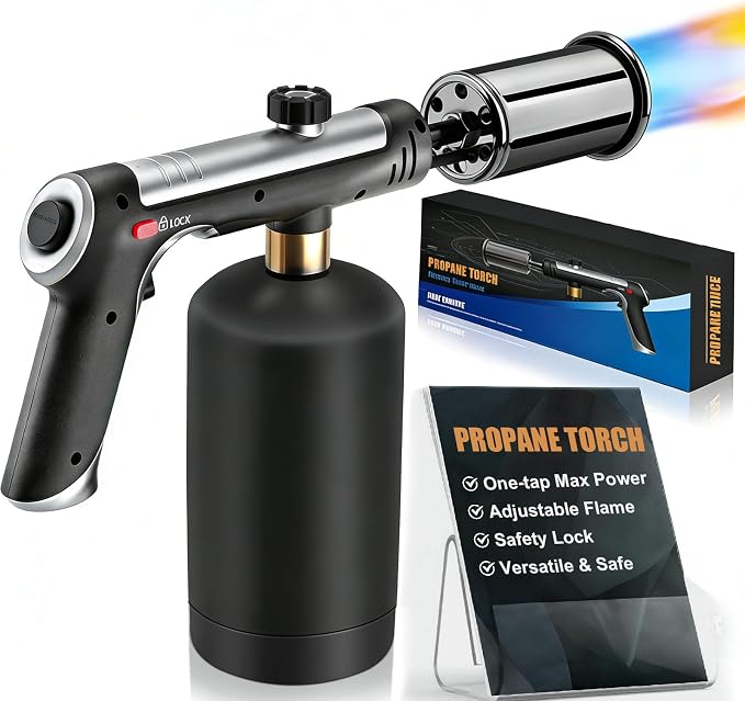 Torch Gun with One-Touch Max Fire, Flame Thrower with Safety Lock, Blow Torch Gun for BBQ, Grill, Charcoal Lighter, Cooking Flamethrower for Camping, Outdoors (Tank Not Included)