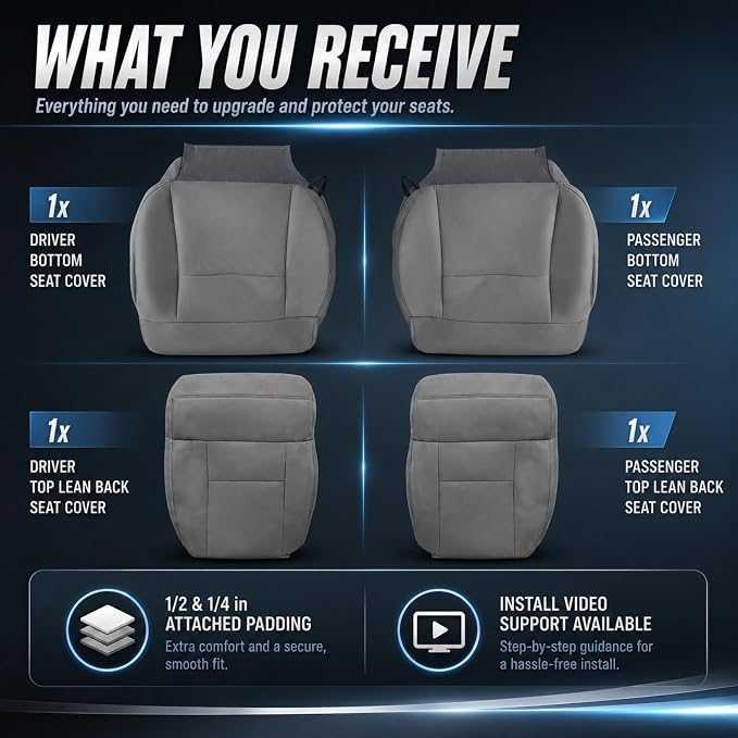 NLQR Front Driver and Passenger Side Bottom and Top Lean Back Replacement Cloth Seat Covers Gray Compatible with Ford F150 XLT 2004 2005 2006 2007 2008