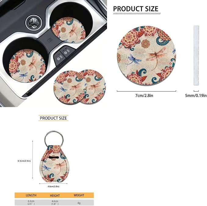 Suobstales Bohemia Mandala Dragonfly Print Car Accessories with Car Front Rear Split Seat Covers, Seat Belt Pads + Steering Wheel Cover + Coaster + Keyrings for Women Set of 11-Pcs