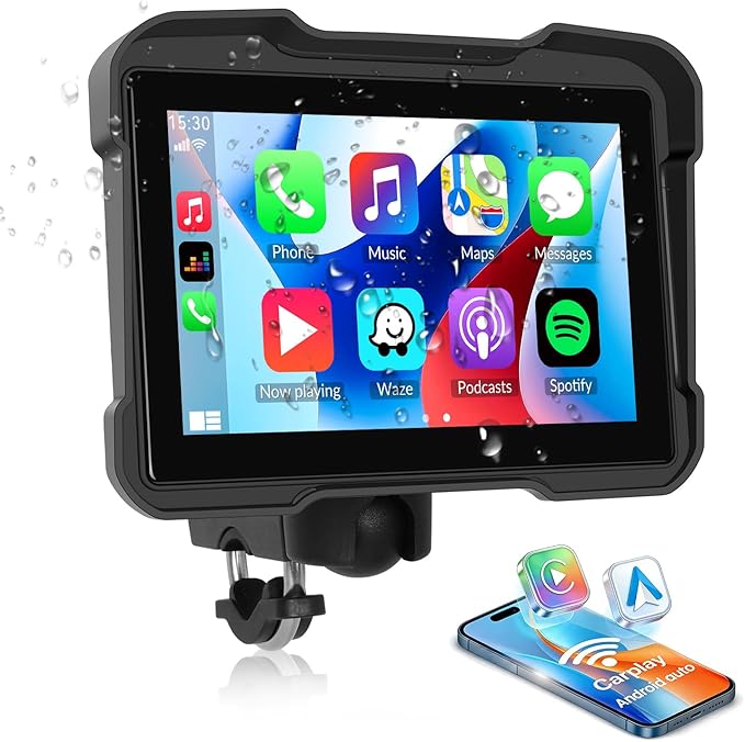 5 Inch IPS Waterproof Portable Motorcycle CarPlay Screen with Wireless CarPlay&Android Auto,GPS Navigation,Bluetooth,EQ,TF Port,Voice Control,IP67 Waterproof