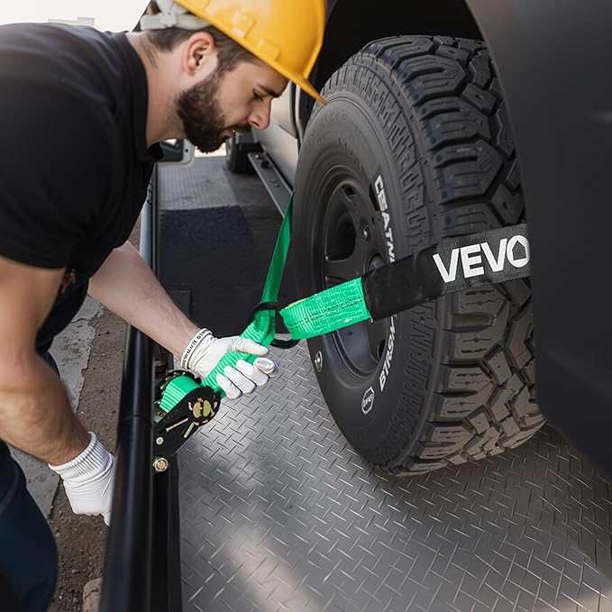 VEVOR Wheel Chock Tie-Down Kit, Tire-Style Tow Dolly Strap, Car Kit with Heavy-Duty Hook, Break Strength 10009 lbs & Working Load 3333 lbs Motorcycle Tie-Down System with O-Ring for ATV, SUV
