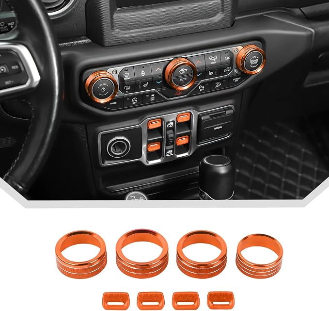 JeCar for Jeep Wrangler JL & Gladiator JT Window Switch Button Knob Cover Trim Kit, Orange Aluminum Interior Decoration Accessories (2018–2024 2025+), 8pcs