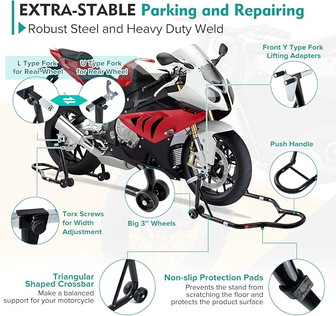Donext Motorcycle Stand 850LB Sport Bike Front and Rear Wheel Lift Swingarm Paddock Stands Black, U+L
