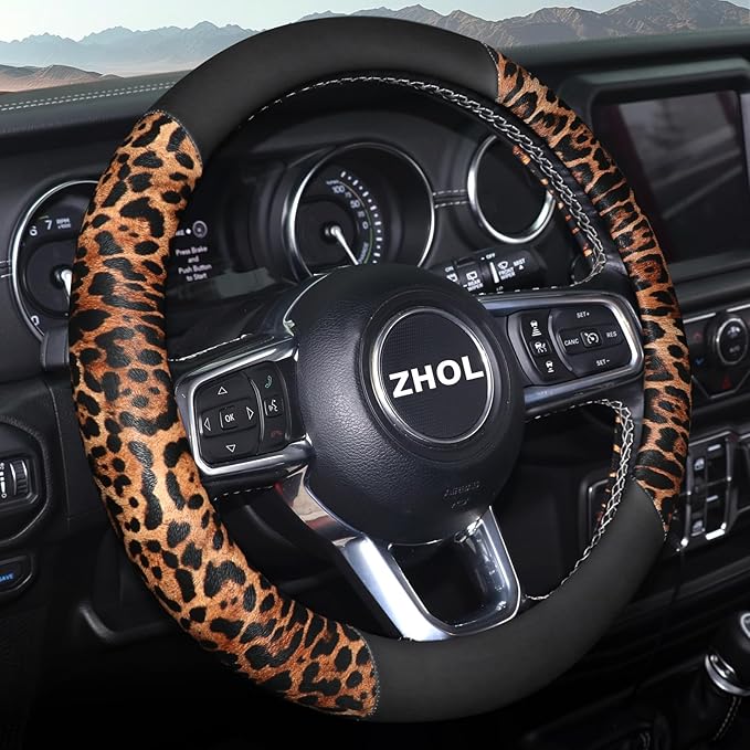 Cheetah Leather Steering Wheel Cover, Steering Wheel Protector, Anti-Slip, Breathable, Absorbing Sweat, Universal Leopard Car Accessories 14.5–15 inch,Black&Brown