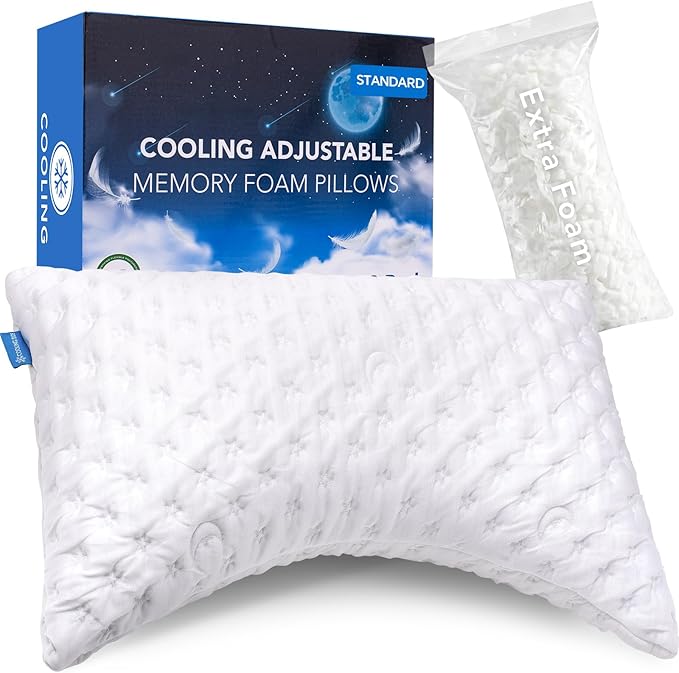 KUCEY Cooling Side Sleeper Pillow for Neck and Shoulder Pain, Luxury Shredded Memory Foam Curved Bed Pillows for Sleeping Set of 1- Adjustable Standard Size- Washable Cover Crescent White