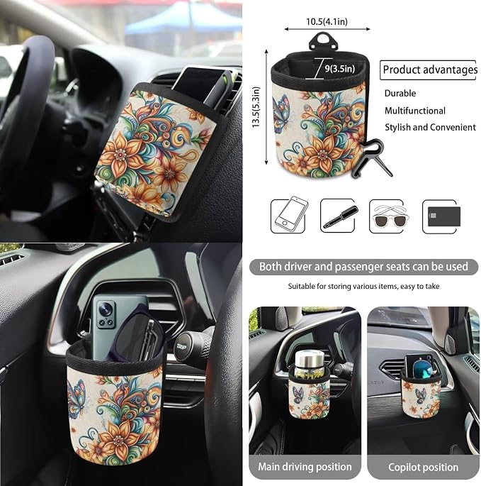Butterfly Boho Floral Print Car Seat Covers 15Pcs Full Set Car Steering Wheel Cover Seat Belt Cover Trash Bin Air Vent Storage Box Rear View Mirror Car Cup Holder Keychain
