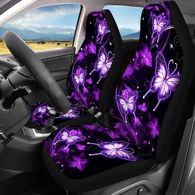 Neon Butterfly Car Accessories Set Full Sets 17 Pack Purple Butterfly Car Seat Covers with Front and Split Rear Bench,Seat Belt Cover Pad,Auto Front Rear Foot Carpet All Weather,Universal Fit