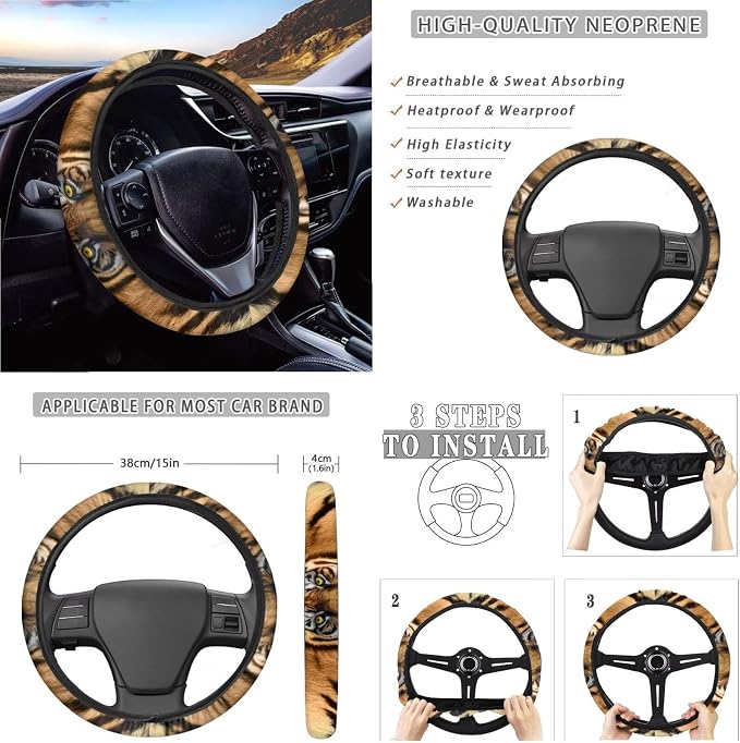 Tiger Print Car Seat Covers Front and Back Full Set with Steering Wheel Cover Armrest Cushion Safety Belt Pads Inside Rearview Mirror Cover Gear Shift Lever + Handbrake Protectors
