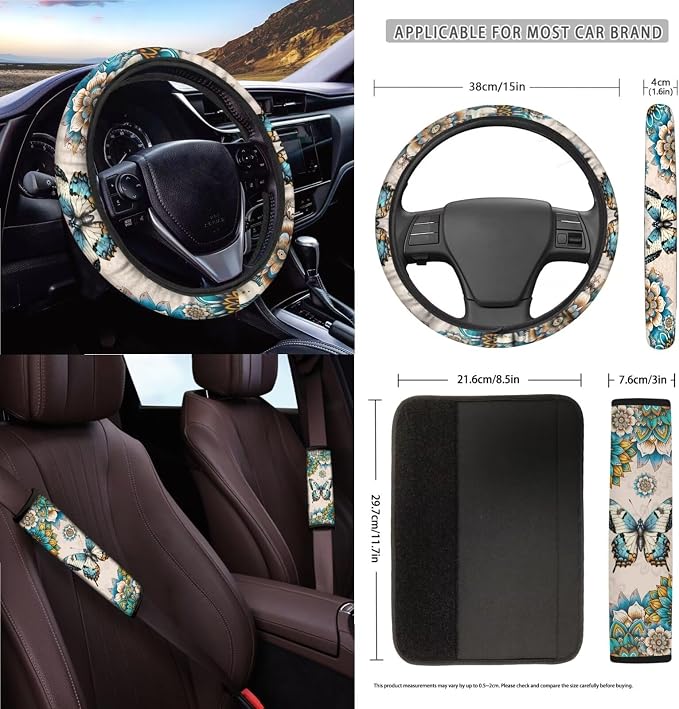 Butterfly Boho Mandala Print Car Seat Cover Sets Car Steering Wheel Cover Seat Belt Cover Trash Bin Air Vent Storage Box Front Rear View Mirror Car Cup Holder Keychain 15Pcs Car Accessories