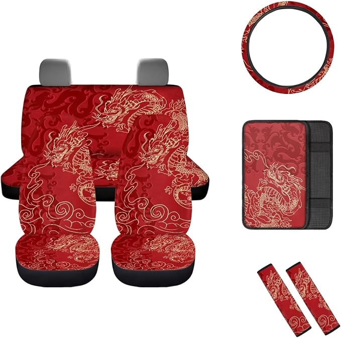 Mumeson Dragon Car Seat Covers for Front Rear Seat Protector with Steering Wheel Cover + Seat Belt Strap Pads Shoulder Pad Armrest Cushion Pad of Car Full Set of 8 Pcs Car Decor Set Purple