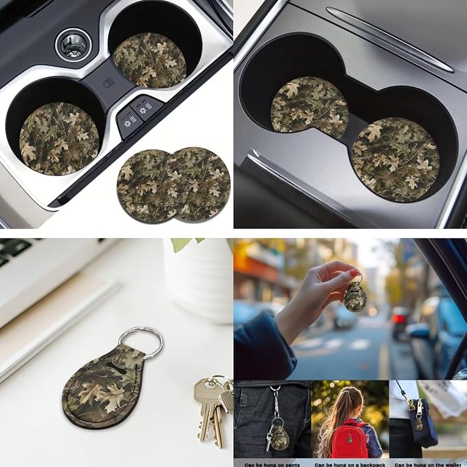 Camo Hunting Forest 12 Pcs Car Seat Covers Full Set with Steering Wheel Cover,Seat Belt Covers Cup Holder Center Console with Keychain Universal Fit for Cars SUV