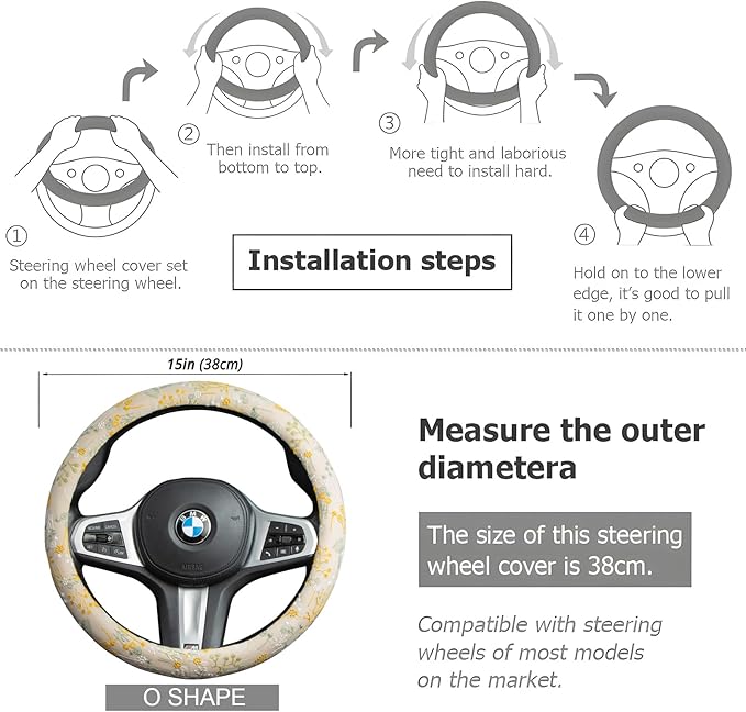 Beige Spherical Flowers Steering Wheel Cover Auto Embroidery Steering Wheel Protector, Anti-Slip, Breathable, Absorbing Sweat, Universal Car Accessories 14.5–15 inch,Fit for Most Car, Trucks, SUV