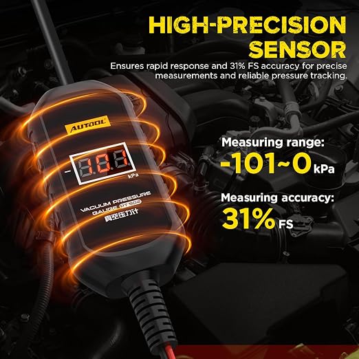 AUTOOL PT502 Digital Vacuum Pressure Gauge, Automotive Vacuum Leak Tester with Temperature Compensation, 101kPa High Accuracy Engine Intake Exhaust EGR Diagnostic Tool, 12V Car Powered