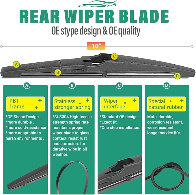 24" 14" 10" Windshield Wiper Blades Replacement for Chevy Chevrolet Spark 2016 2017 2018 2019 2020 2021 Premium All Weather Front Rear Wipers Set - OEM Quality (Pack of 3)
