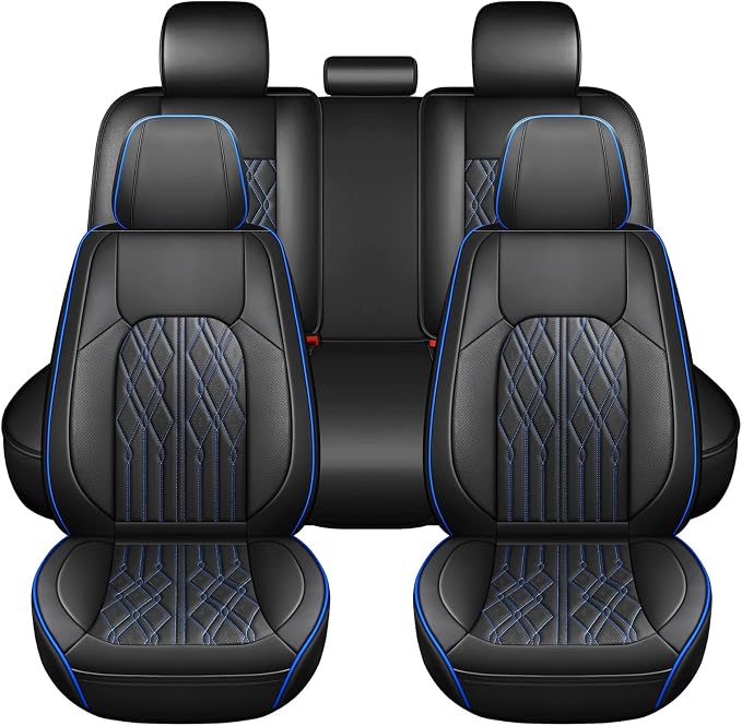 Huidasource Car Seat Covers Full Set, Leather Seat Cover Universal Fit for Most Cars Sedans SUVs Trucks, Airbag Compatible, Cup Holder Access, Easy Install, Wipes Clean, Wear-Resistant, Black&Blue