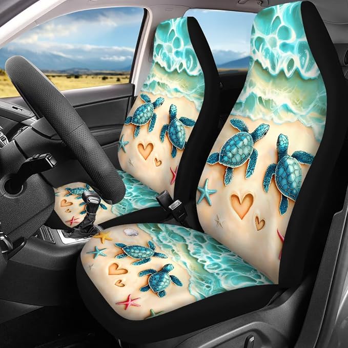 Sea Turtle Car Cover Seat Full Sets of 17 Pcs Green Sea Turtle Car Accessories Set with Steering Wherl Cover Seat Belt Cover Pad Car Mats Full Set Animal Vehicle Seat Covers Accessories