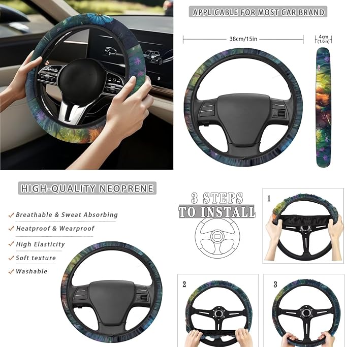 Moon Baby Highland Cow 15 PCS Car Seat Cover Set, with Steering Wheel Seat Belt Cover Rear View Mirror Cover Coaster Trash Cans Keychain Universal Fit