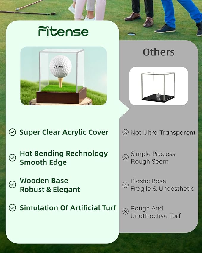 Fitense Golf Ball Display Case - Clear Acrylic Cube with Solid Wood Base & Tee, Anti-Dust Transparent Holder for Single Golf Ball, Ideal for Collectibles, Souvenirs & Gifts, Display Special Golf Balls