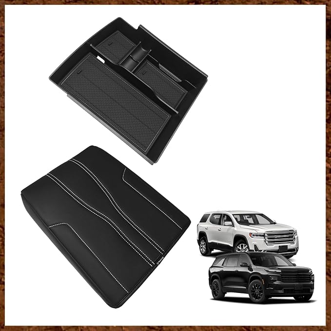 Muslogy Center Console Organizer & Armrest Cover Compatible with 2024 2025 GMC Acadia & Chevy Traverse Accessories Middle Console Storage Box & Vegan Leather Arm Rest Middle Console Protector