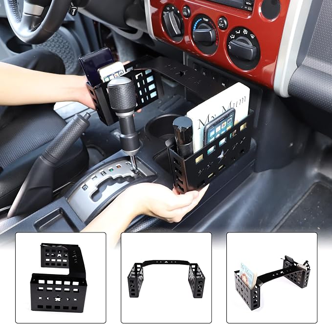 Aunginsy Center Console Gear Storage Box Basket Fit Toyot@a FJ Cruiser 2007-2024 Aluminum Gear Shift Side Storage Baskets Center Console Organizer Tray Armrest Storage Box Basket Interior Accessories