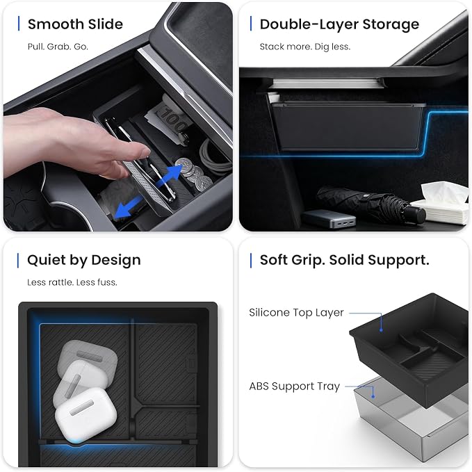 2026 Center Console Organizer for Tesla Model 3 Highland 2024-2026 | OEM-Style Fit, Double-Layer Storage with Bottom Trays, Smooth Sliding, Tesla Model 3 Highland Accessories 2024-2026 Only
