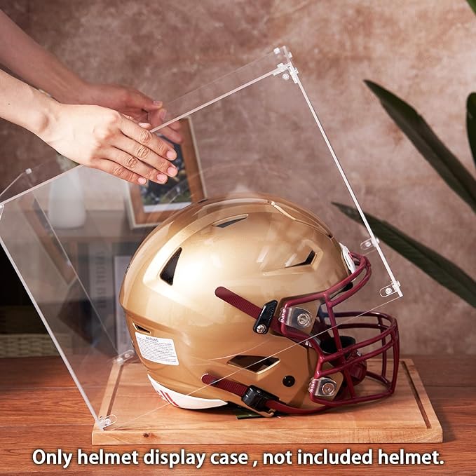 LITY Football Helmet Display Case, Full Size Acrylic Showcase with Solid Wood Base, UV and Dust Protection, Collectibles Box for Sports Memorabilia, for Sports Collectors