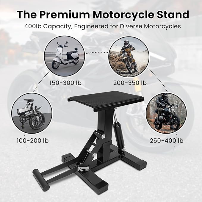 Motorcycle Jack Lift Stand 400 lbs Capacity, Heavy Duty Steel Hydraulic Dirt Bike Stand Lift with Adjustable Height Hoist Table for for Pit Bikes ATVs Maintenance, Motorbike Repair Accessories Tools