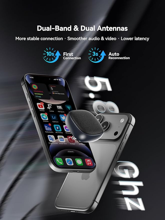 Wireless CarPlay & Android Auto Adapter USB-C with Smart Button, 2-in-1 CarPlay Wireless Adapter for iPhone & Android, One-Click Reset & Device Switch, 5GHz WiFi, Auto Reconnect, Plug & Play
