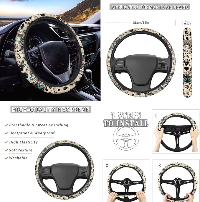 Wanyint Aztec Cow Print Retro Car Seat Cover for Front Back Seat Full Set Auto Steering Wheel Cover, Shift Knob Handbrake Covers, Coasters, Hedrest Cover Car Interior Accessories Protector