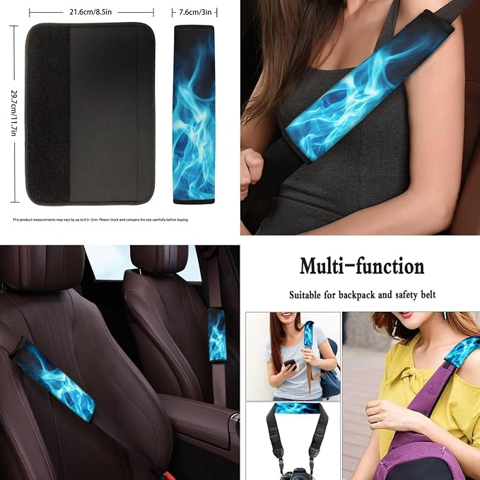 POLERO Blue Fire Car Seat Cover Set for Men Flame Steering Wheel Cover Sets 11pcs with Seatbelt Shoulder Pads Cupholder Coasters Keychains