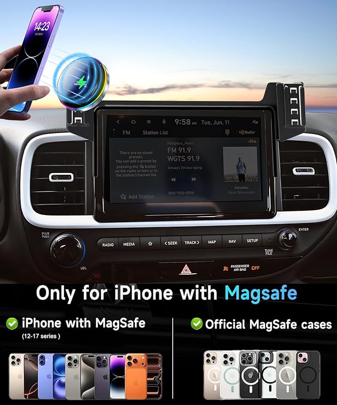 Car Phone Holder for Hyundai Venue 2020-2025 Accessories Apply to 8 Inch Touchscreen 15W Fast Wireless Charger Screen Fixed Clip HandsFree Cell Phone Mount 360° Rotation