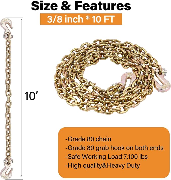 3/8" G80(4-Pack Chain Hooks+10 Ft Binder Chain)