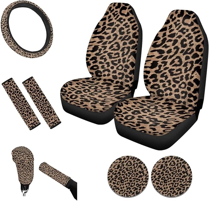 Tupalatus Leopard Universal Auto Accessories for Women,9 PCS Car Seat Covers Gear Shift Knob Cover+Car Handbrake Brake Cover+Seat Belt Shoulder Pads+Car Coaster+Steering Wheel Cover
