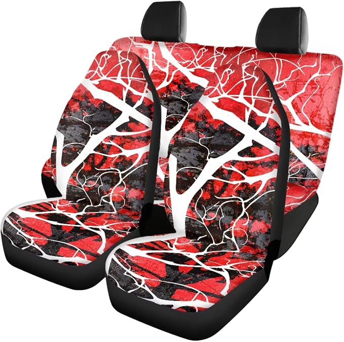 18 Pcs Red Branch Car Interior Accessories Set, Car Seat Covers Full Set with Auto Floor Mats Steering Wheel Cover Armrest Pad Seat Belt Pads Handle Wraps Keychain Cup Coaster