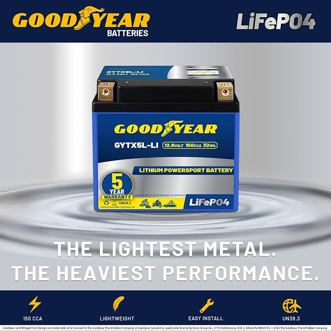 Goodyear GYTX5L-LI Lithium LiFePO4 12.8V 150CCA Rechargeable High Performance Powersport Battery with Smart BMS Replacement for Motorcycle, ATV, UTV, Scooter, Watercraft, Jet Ski, and Snowmobile