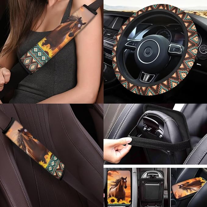 Animal Horse Car Seat Covers Full Set of 17 Pcs Sunflower Car Floor Mats Set of 4 Horse Automotive Accessories with Steering Wheel Cover Seat Belt Cover Pad Car Armrest Pad,Universal Fit