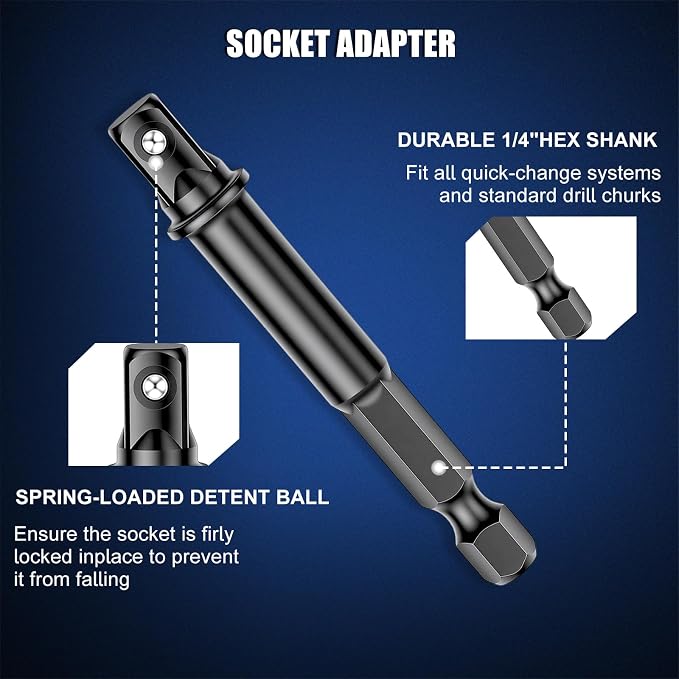 Professional 1/4" Drive Impact Swivel Socket Set,16-Piece Universal Metric Wobble Sockets (5-15MM) with 2", 6" Extension Bars & Socket Adapters, 6 Point, CR-MO, EVA Foam Organizer