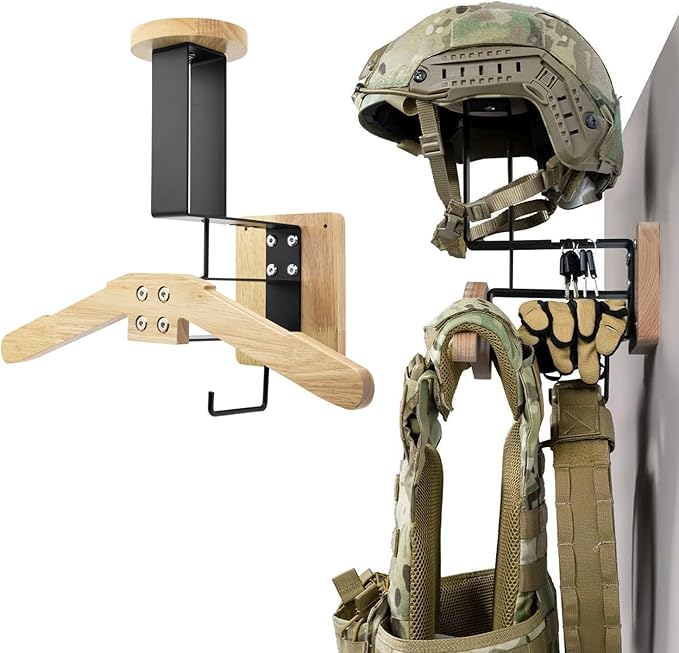 Tactical Gear Wall Mount Stand - Motorcycle Helmet Holder Display Stand with Hooks, Solid Wood Airsoft Plate Carrier Rack for Police, Football and Cycling Suit