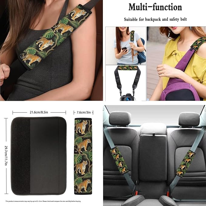 AFPANQZ Tiger Monstera Print Car Accessories Set Car Seat Covers Full Set with Steering Wheel Cover/Car Coaster/Handbrake Gear Shift Knob Covers/Seat Belt Shoulder Pads