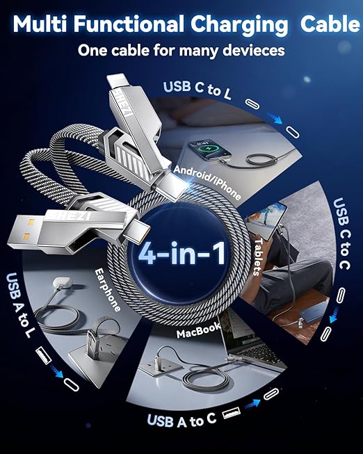 [One is Enough] 4-in-1 Compatible with USB C to Lightning Cable, 45W High-Speed Charging & Fast Data Transfer,CarPlay & Android Auto Support Multi Charger Cord Combo for iPhone/Samsung/iPad,5FT