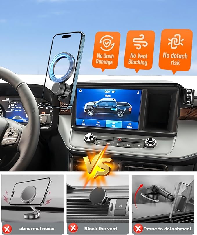 Magnetic Car Phone Mount for 2022 2023 2024 Ford Maverick Accessories, for MagSafe Strong Magnets Cell Phone Holder 8-Inch Screen Cradles, with Portable Phone Gripper 360° Rotation