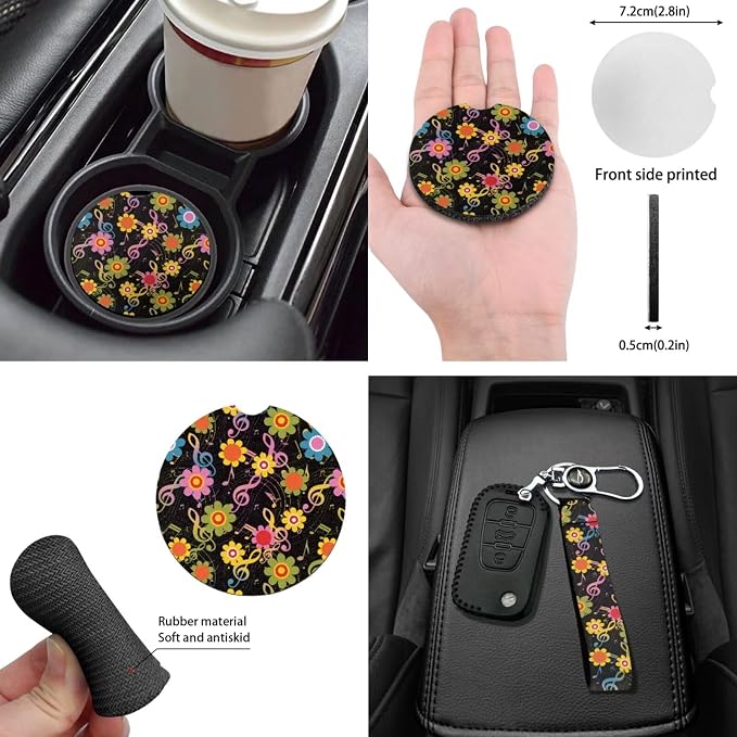 Universal Fit Colorful Flower Musical Note Car Seat Covers Full Sets+Hippie Car Coaster/15In Steering Wheel/Seatbelt/Keychain/Mirror Cover/Gear Shift Knob Handbreak Pad Aesthetic Car Accessory