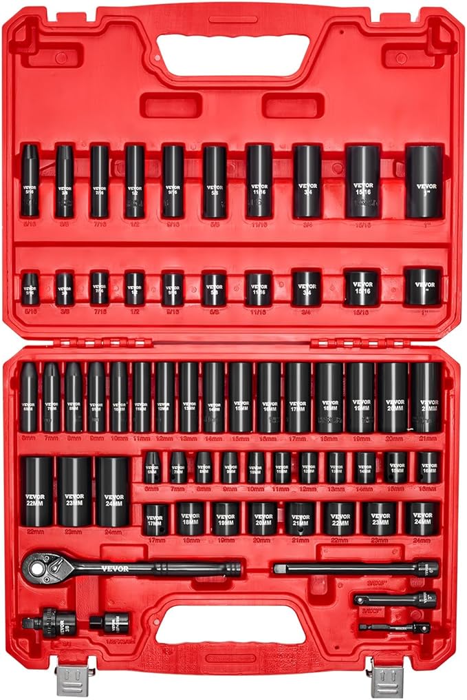 VEVOR Impact Socket Set 3/8" Drive, 64-Piece Standard SAE (5/16 to 1 inch) & Metric (6 to 24 mm) Size, Deep & Shallow, 6 Point, CR-V, Ratchet Handle, Extension Bars, Universal Joint, Adapters