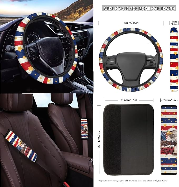 Wanyint Car Seat Cover Covers with Steering Wheel Seat Belt Rearview Mirror Accessories Trash Bag Cup Holder Keychain US 250th Anniversary Auto Decoration, 15 Pack, American Flag Eagle Star Stripe
