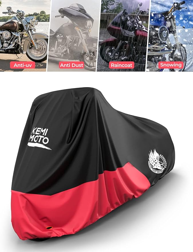 KEMIMOTO Heavy Duty 420D Motorcycle Cover Compatible with Cruiser Models Softail Dyna Iron 883 Fat Boy 114 Forty-Eight Low Rider Cover Standard Heritage Classic Waterproof Outdoor Snow Rain Protection